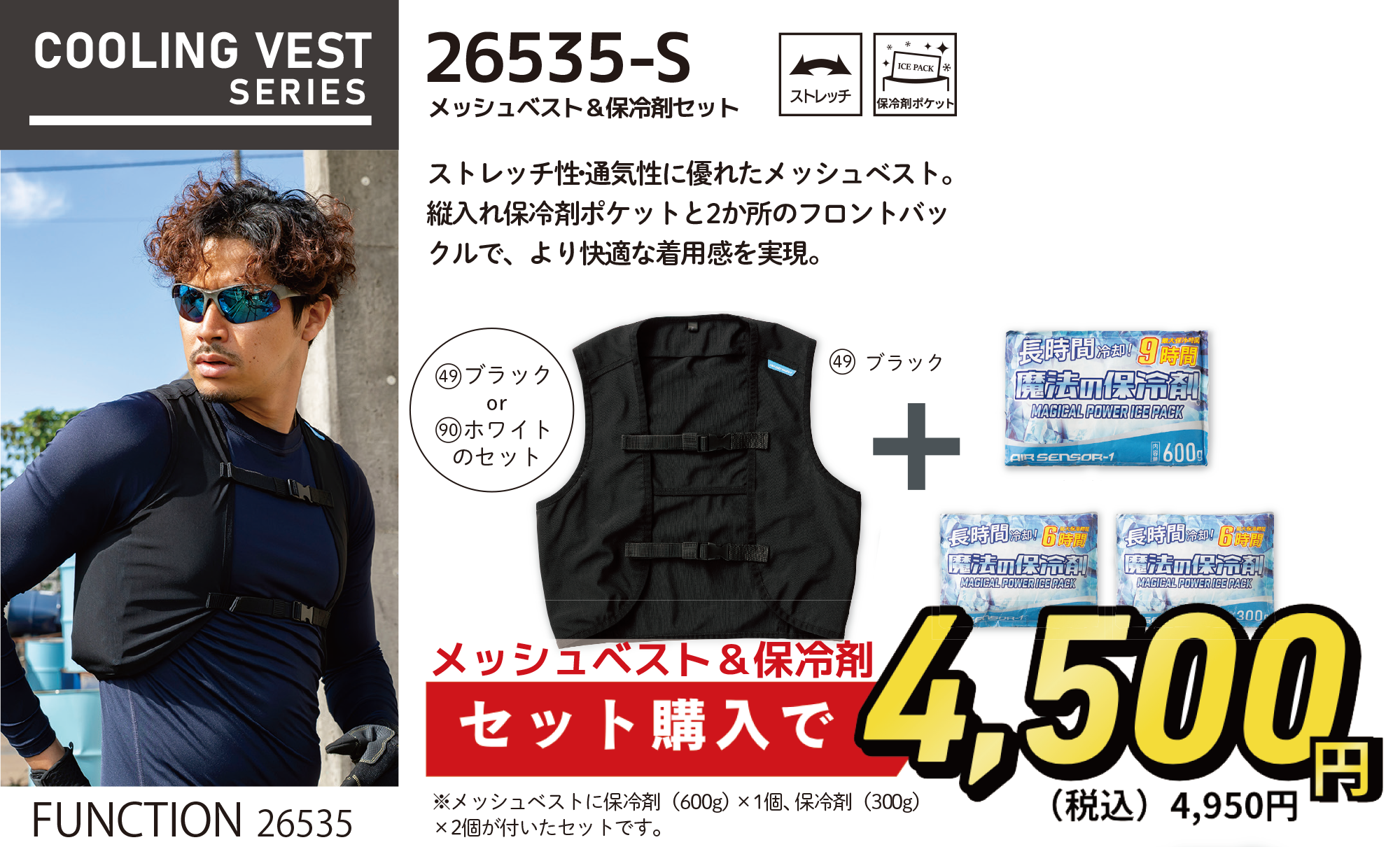 ファンではなく保冷材で体を冷やす！粉塵の現場等でも使えるメッシュベスト＆魔法の保冷剤セット【26535-S】販売のお知らせ